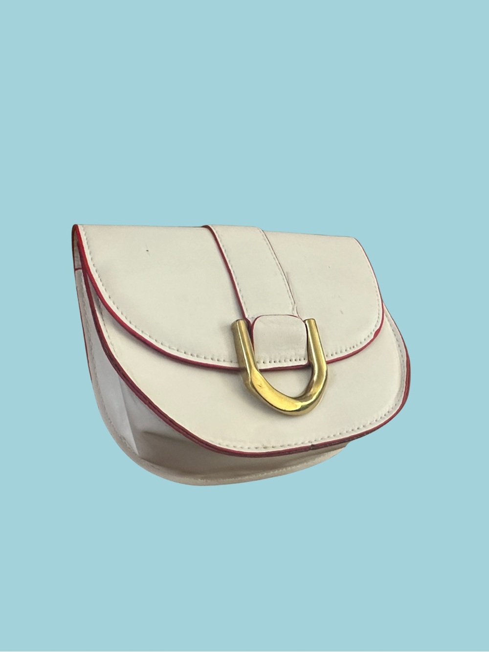 White Crossbody Bag with Pink Trim and Gold Buckle